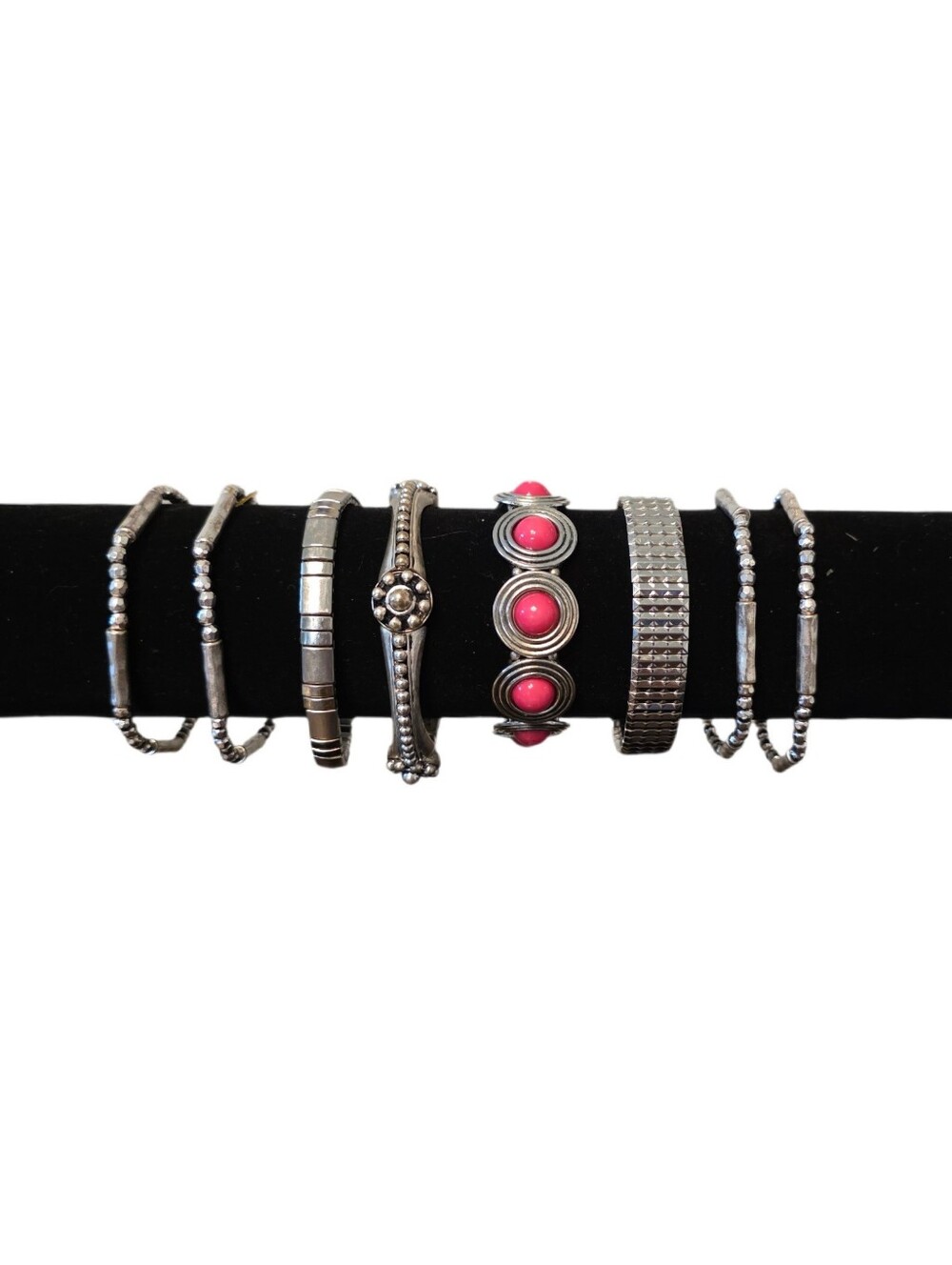 Silver and Pink Beaded Stackable Stretch Bracelet - Set Of 8